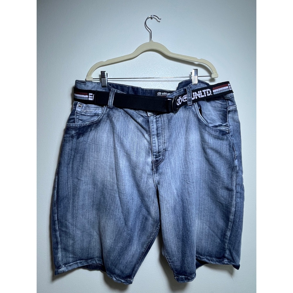 Ecko Unltd Mens Denim Shorts Blue Faded Relaxed Fit With Branded Belt‎